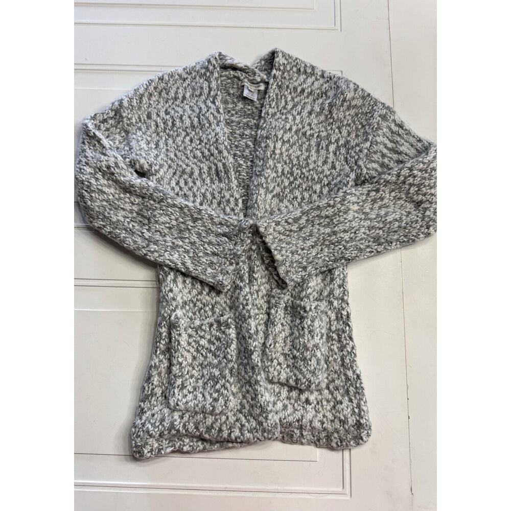 Woven Heart Open Front Cardigan Women's XS Gray White Pockets Soft Knit